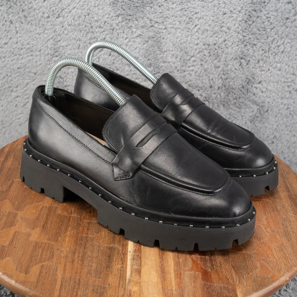 Schutz Christie Shoes Women US 8 B Black Leather Studs Platform Penny Loafers - Picture 2 of 8